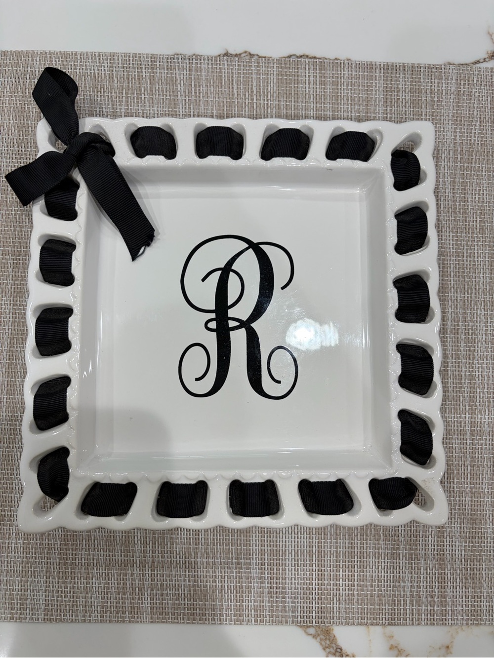 Monogrammed Ceramic Trinket Tray in White with Black Ribbon